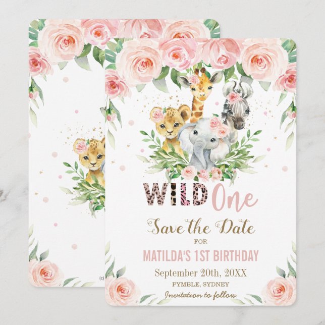 Jungle Animals Pink Floral Save the Date Card (Front/Back)