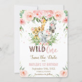 Jungle Animals Pink Floral Save the Date Card (Front)
