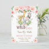 Jungle Animals Pink Floral Save the Date Card (Standing Front)