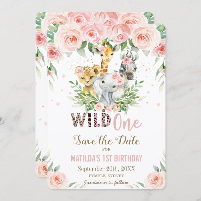 Jungle Animals Pink Floral Save the Date Card (Front/Back)