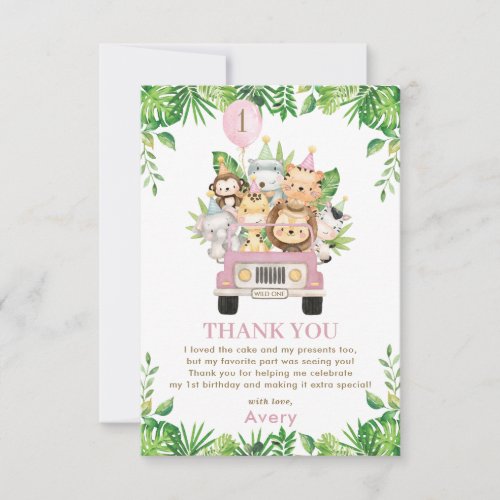 Jungle Animals Pink Safari Car 1st Birthday Thank You Card