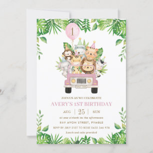 Jungle Animals Pink Safari Car Girl 1st Birthday Invitation