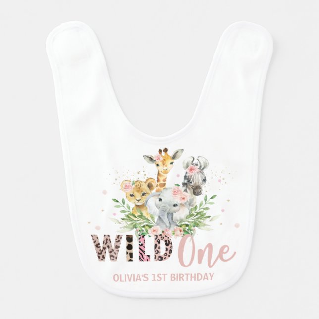 Jungle Animals Pink Wild ONE 1st Birthday Outfit  Baby Bib (Front)
