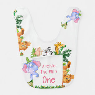 Jungle Animals Pink Wild ONE 1st Birthday Outfit Baby Bib
