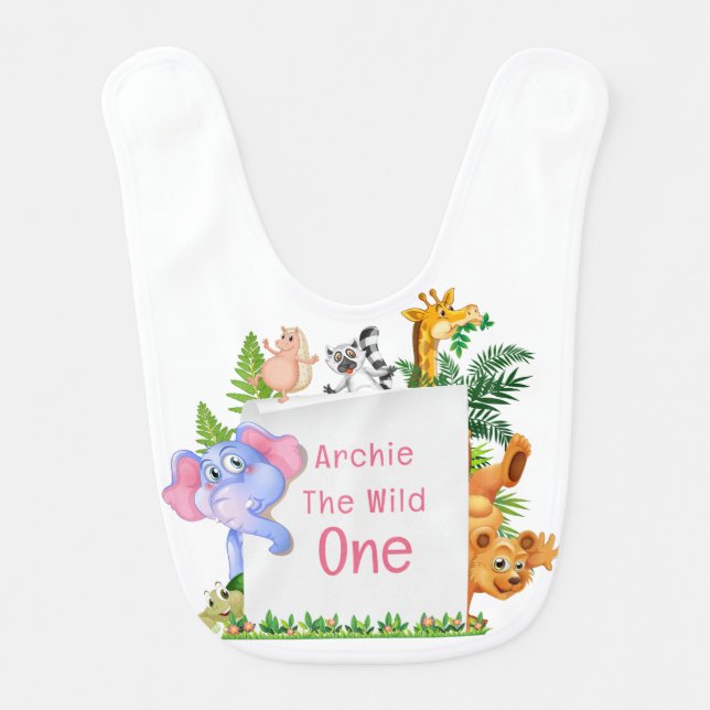 Jungle Animals Pink Wild ONE 1st Birthday Outfit  Baby Bib (Front)