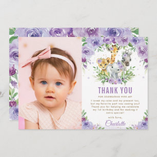Jungle Animals Purple Floral 1st Birthday Photo Thank You Card