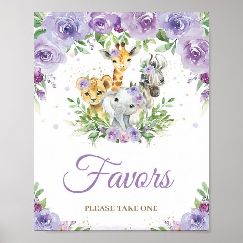 Jungle Animals Purple Floral Baby Shower Favor Poster