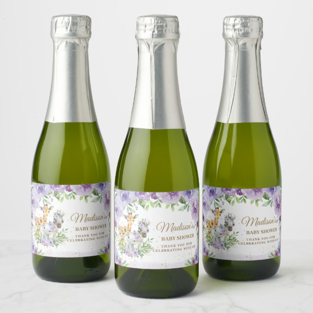Jungle Animals Purple Floral Baby Shower Favor Sparkling Wine Label (Bottles)
