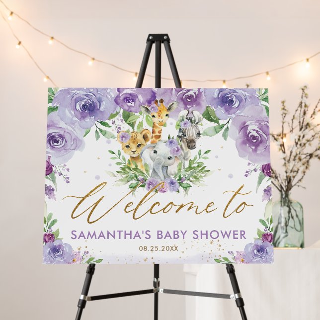 Jungle Animals Purple Floral Baby Shower Welcome   Foam Board (In Situ (Stand))