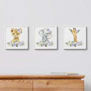 Jungle Animals, Purple Flowers, Gender Neutral Peel And Stick Photo Tile