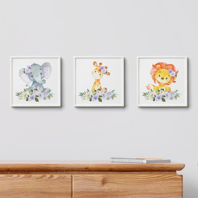 Jungle Animals, Purple Flowers, Gender Neutral Peel And Stick Photo Tile (Dresser)