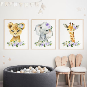 Jungle Animals, Purple Flowers, Gender Neutral Wall Art Sets