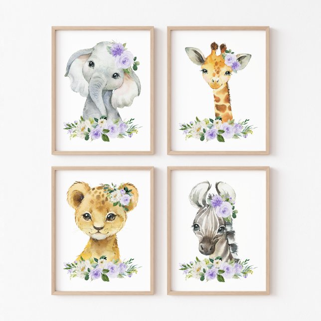 Jungle Animals, Purple Flowers, Gender Neutral Wall Art Sets (Creator Uploaded)