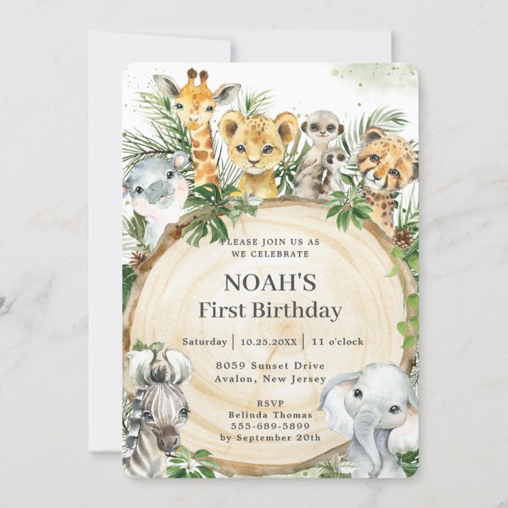 Jungle Animals Rustic Wood Slice Birthday Party Invitation | Zazzle