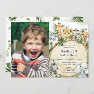 Jungle Animals Rustic Wood Slice Birthday Photo Invitation