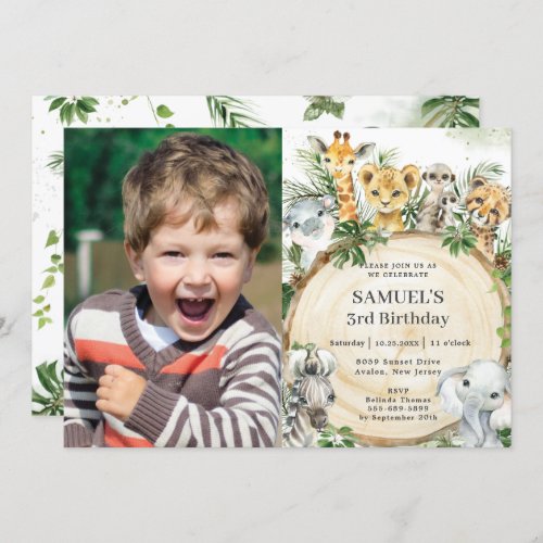 Jungle Animals Rustic Wood Slice Birthday Photo Invitation