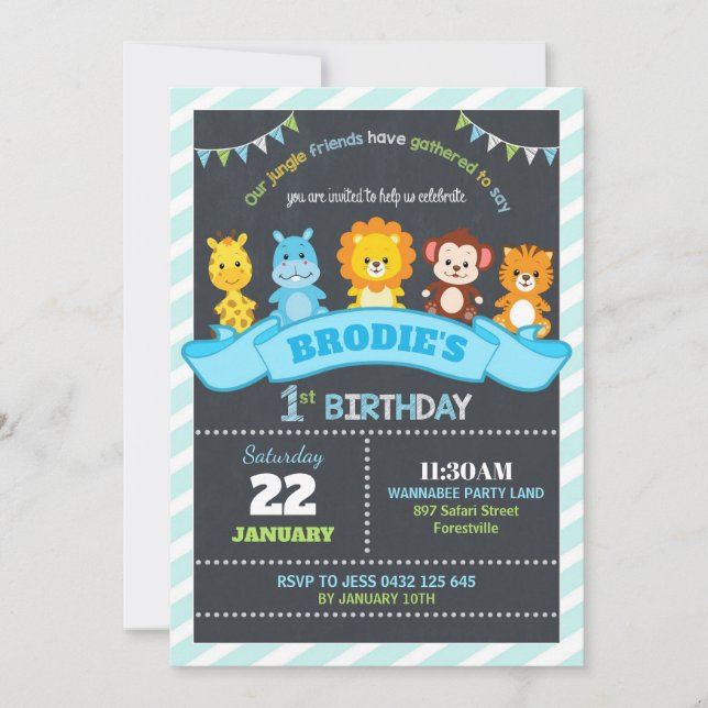 Jungle Animals Safari 1st Birthday Invitations Boy (Front)