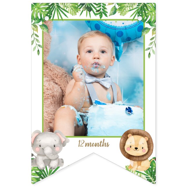 Jungle Animals Safari 1st Birthday Photo Milestone Bunting Flags (Fourteenth Flag)