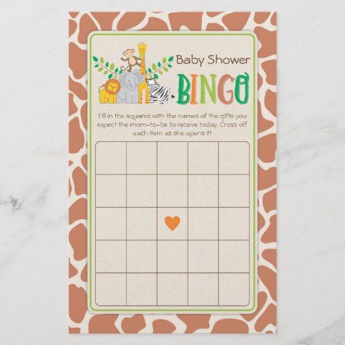 Jungle Animals Safari Baby Shower Bingo Game Flyer