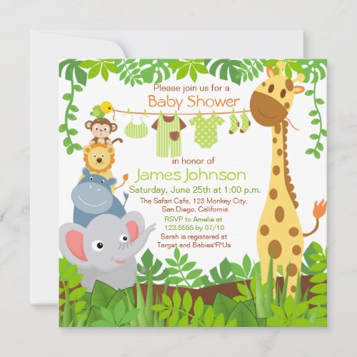 Jungle Animals Safari Baby Shower Invitation