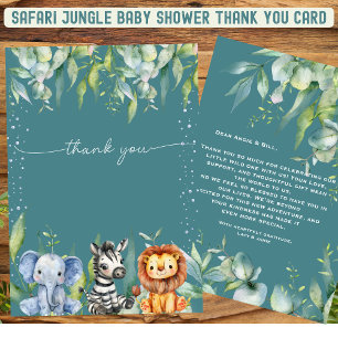 Jungle Animals Safari  Baby Shower Thank You Card