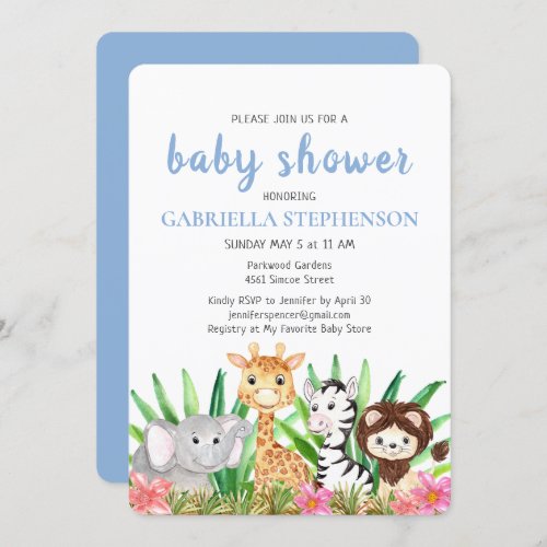 Jungle Animals Safari Blue Baby Shower Invitation