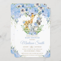 Jungle Animals Safari Blue Floral Baby Shower Invitation