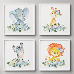 Jungle Animals, Safari, Blue Flowers, Boy Nursery Peel And Stick Photo Tile