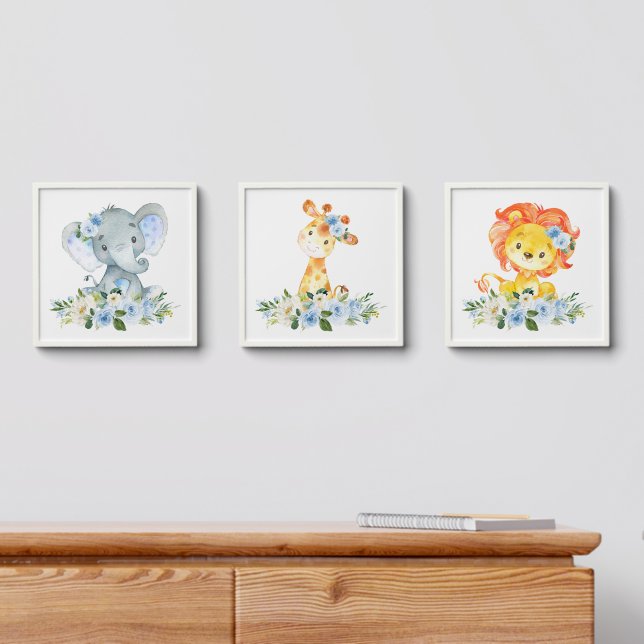 Jungle Animals, Safari, Blue Flowers, Boy Nursery Peel And Stick Photo Tile (Dresser)