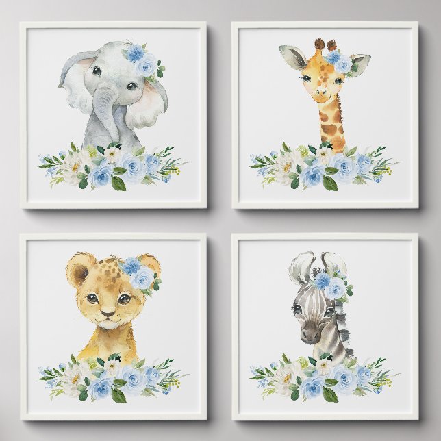 Jungle Animals, Safari, Blue Flowers, Boy Nursery Peel And Stick Photo Tile (Front Set)