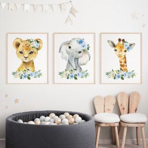 Jungle Animals, Safari, Blue Flowers, Boy Nursery Wall Art Sets