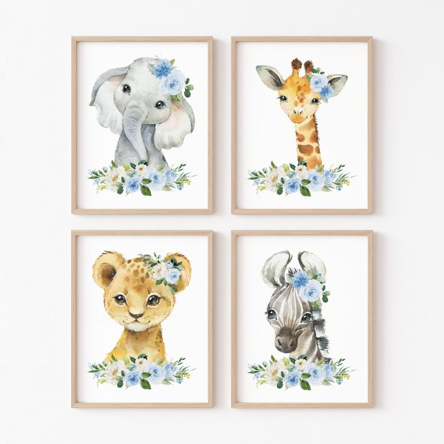 Jungle Animals, Safari, Blue Flowers, Boy Nursery Wall Art Sets (Creator Uploaded)