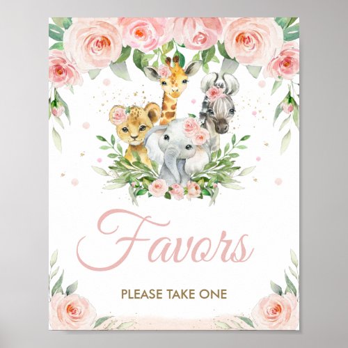 Jungle Animals Safari Blush Pink Floral Favors  Poster