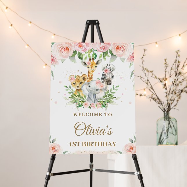 Jungle Animals Safari Blush Pink Floral Welcome Foam Board (In Situ (Stand))