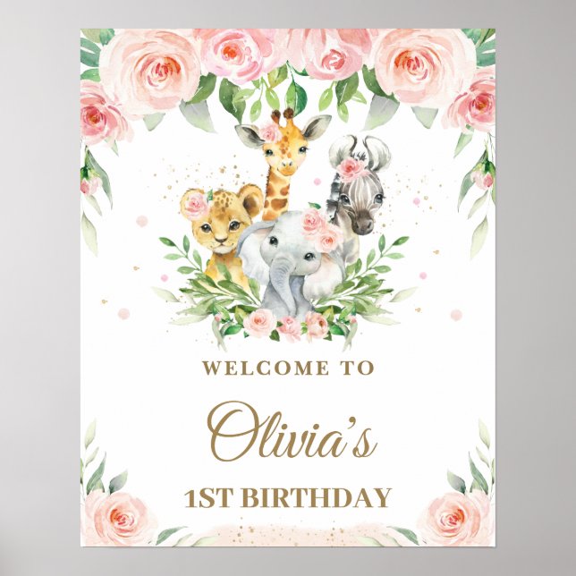 Jungle Animals Safari Blush Pink Floral Welcome  Poster (Front)