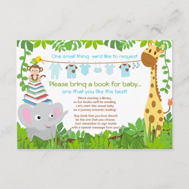 Jungle Animals Safari Boy Baby Shower Book Enclosure Card (Front)