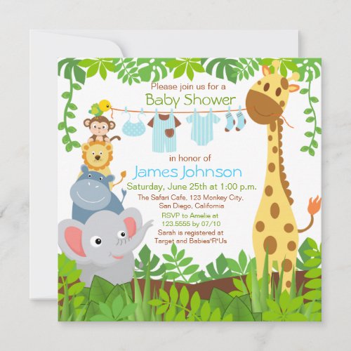 Jungle Animals Safari Boy Baby Shower Invitation