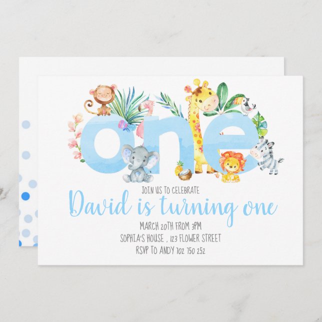 Jungle Animals Safari Boy Blue Cute 1st Birthday Invitation (Front/Back)