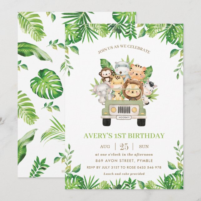 Jungle Animals Safari Car Greenery 1st Birthday Invitation (Front/Back)