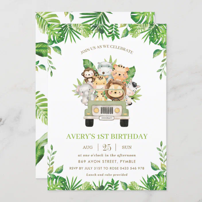 Jungle Birthday Invite Watercolor Jungle Animal First Birthday Invitation
