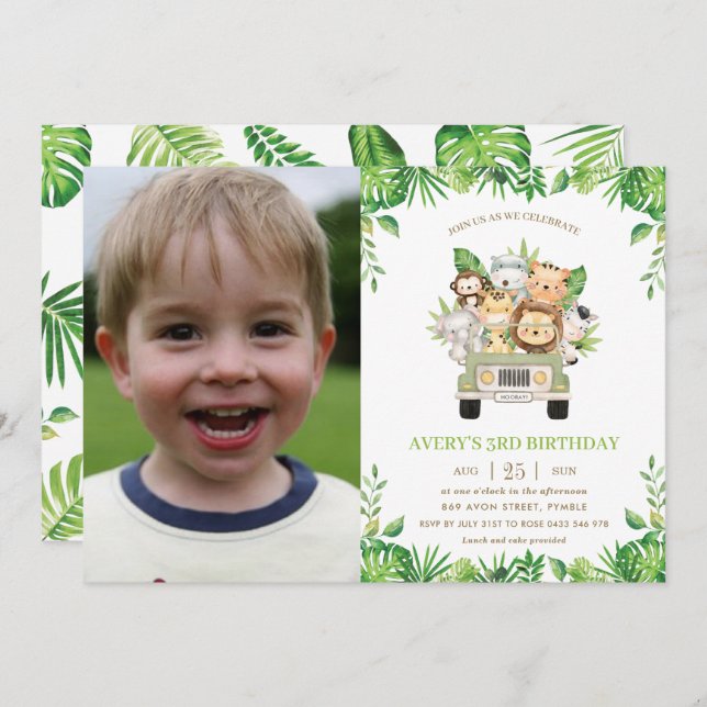 Jungle Animals Safari Car Greenery Birthday Photo Invitation (Front/Back)