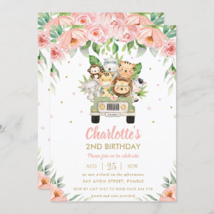 Jungle Animals Safari Car Pink Floral Birthday Invitation