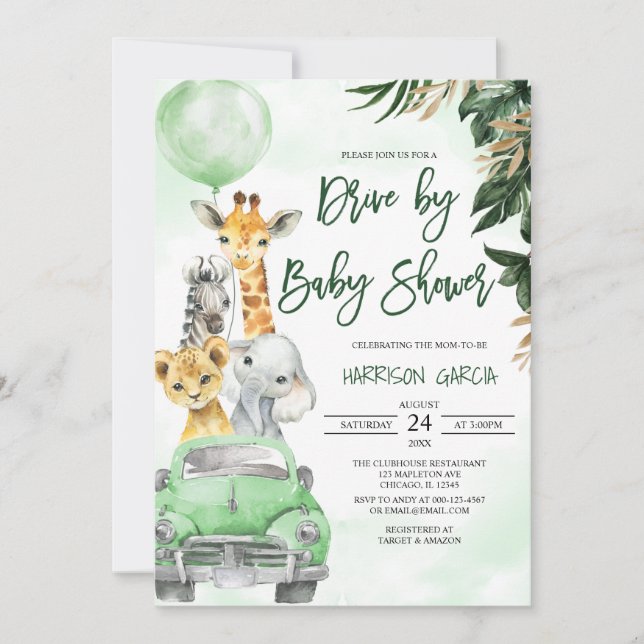 Jungle Animals Safari Drive By Baby Shower Invitation (Front)