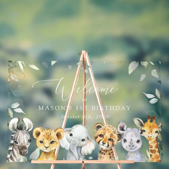 Jungle Animals, Safari, First Birthday Welcome Acrylic Sign (Neutral)