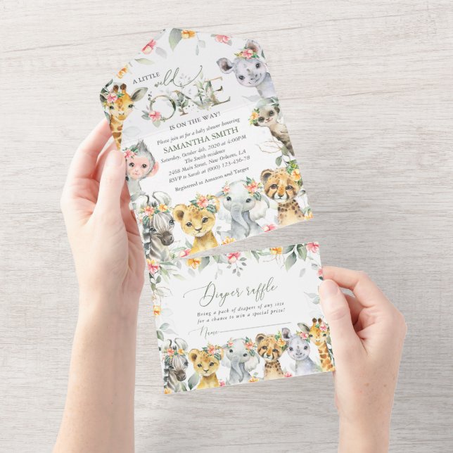 Jungle Animals, Safari, Flowers, Baby Shower All In One Invitation (Tearaway)