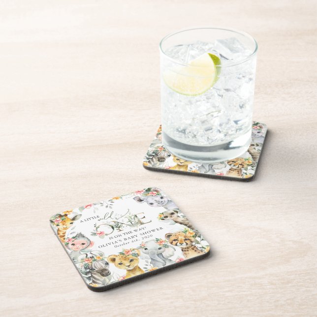 Jungle Animals, Safari, Flowers, Baby Shower Beverage Coaster (Right Side)