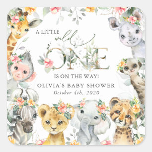 Jungle Animals, Safari, Flowers, Baby Shower Square Sticker