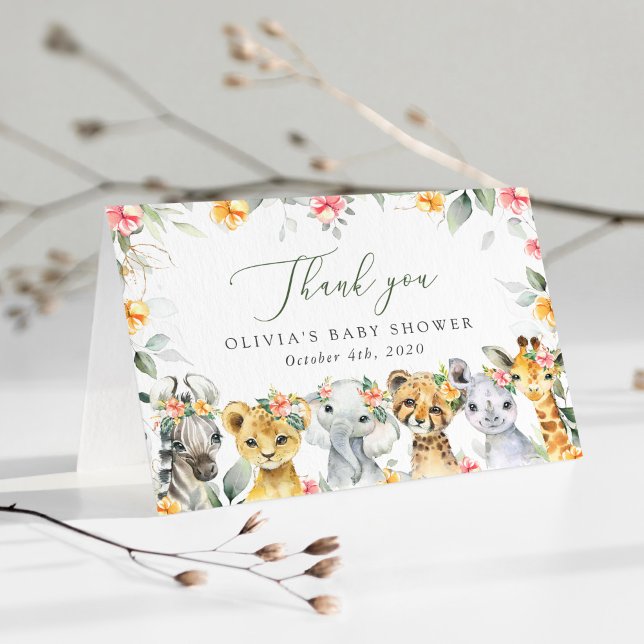 Jungle Animals, Safari, Flowers, Baby Shower Thank You Card (Creator Uploaded)