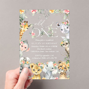 Jungle Animals, Safari, Flowers, First Birthday Acrylic Invitations