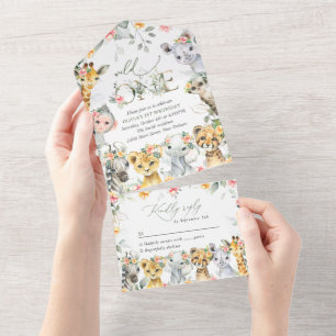 Jungle Animals, Safari, Flowers, First Birthday All In One Invitation